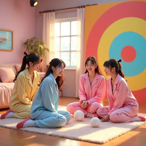  inside tv  studio room. Variety show, throw a ball .  toy. targetting game. Smile. Women group.k-pop girls. Pajama. Tie ones hair up. Wish Socks and Slipper . Bed sofa