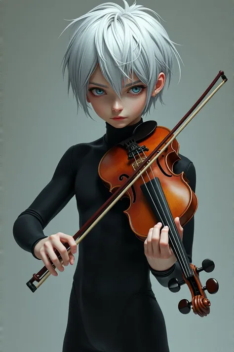 I want a 16-year-old boy ,  with short silver hair ,  white skin and silver eyes ,  wears a black wrestling suit and is playing a violin 