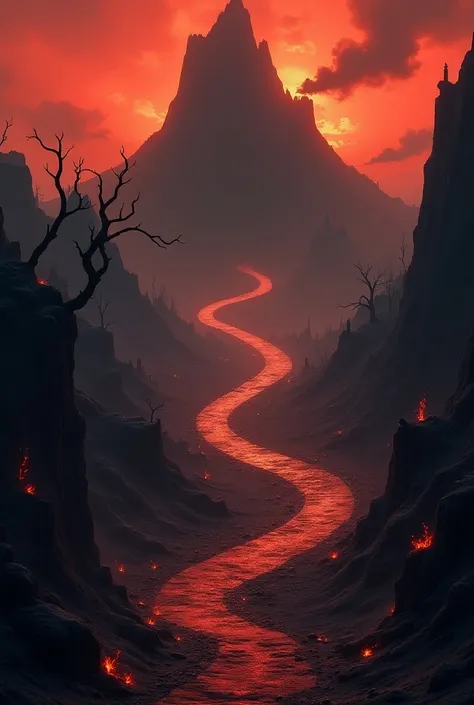  Create a digital artwork based on a road to hell, The road goes down around a mountain 