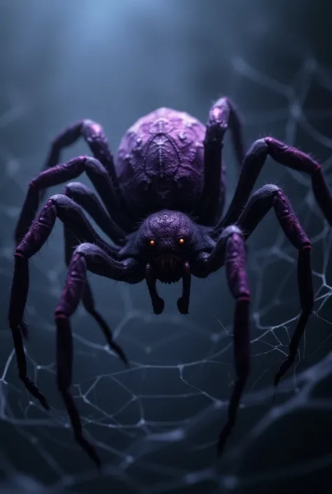 there is a spider that is sitting on a web in the dark, fear of spiders, violet spiders, spider webbed body, spiders, spiders!!!!, arachnophobia, arachnid, an ugly giant spider, big spider, giant spider, spider, amazing space creature 4 k, spider thorax, a...