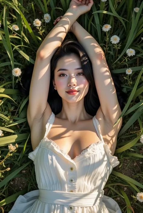 photo shoot, realistic,   wong kahwai movie  ,  cowboy shot,   from a top down shot of a beautiful asian woman lying on the grou...