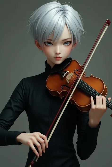 realistic image of an 18-year-old boy ,  with short silver hair ,  white skin and silver eyes ,  wears a black fighting suit and is playing a violin 