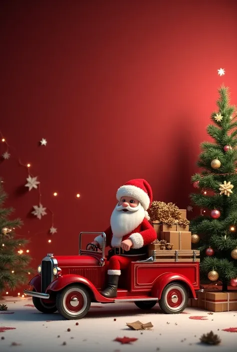  Create an image with a solid Christmas background. May there be a red Santa Claus truck and a Christmas tree