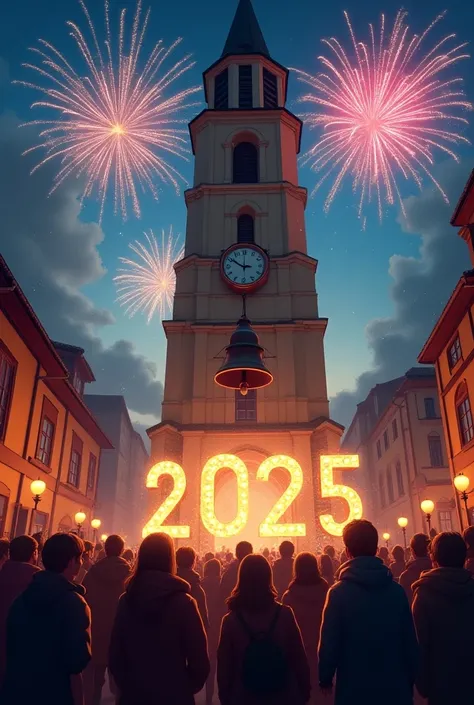 Me gustaría crear una imagen donde se vea una campana 🔔 con 2025 ,several fireworks in the sky with quite a few people below and with a clock that says 11:59