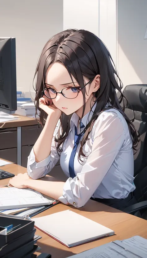 masterpiece, wearing glasses, black hair, forehead, woman, office,  sitting at a desk and concentrating on work, 静かなoffice,  ser...