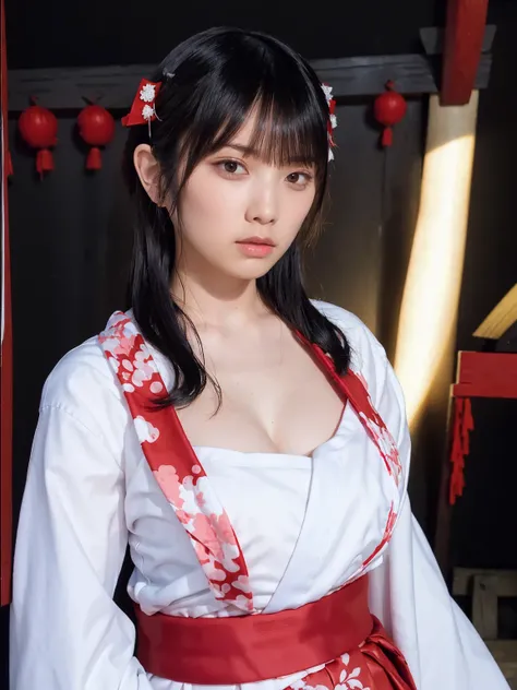 (masterpiece,  best quality,  best quality, Official Art, beautiful、beautiful:1.1), gigantic breasts,(RAW 写真 best quality:1.1),(One Girl),(Shrine maiden:1.5),(Red Hakama:1.1),(():1.6),  white kimono, Red Long Skirt ,  Black Hair  , hair accessory that clos...