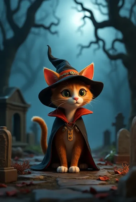 

cat wearing halloween outfit, in a gloomy environment 3d pixar disney 