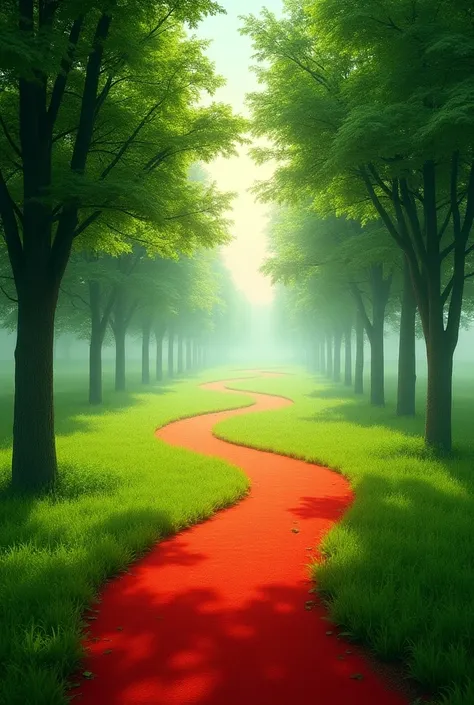 a long red walking path surrounding with green grass. Big green tree are besides both side of the path
