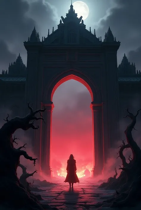 
Anime style,  arched image of a castle gate with a tree in the foreground,  a portal to the lost flame realm, the  Gates of Hell , the , The Great Gate of Hell, , a sinister fantasy illustration,  Gates of Hell , bottom of hell, , the Minas de Moria , Min...