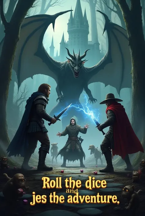  The poster features a dynamic Dungeons and Dragons scene . Left,  a warrior armed with a sword is ready for battle ,  while a mage in the center summons magic lightning and a thief on the right sneaks in with a dagger. In the background, un majestueux dra...