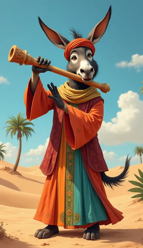 A donkey wears the dress of an Arab man and blows a big flute  