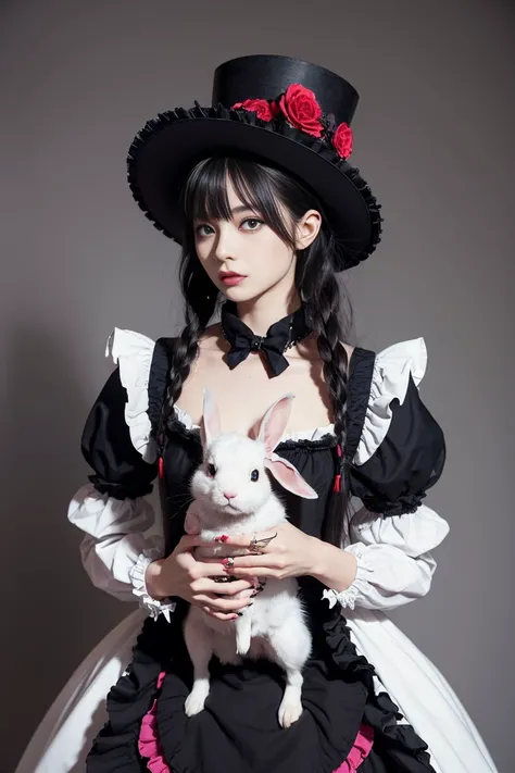 A woman wearing a top hat and holding a rabbit to her chest, A detailed eye、Red eyes、(((Smaller chest)))、cowboy  shot、above knee、Vania Zuravlyov, floralpunk elysian maiden, (((Alice in Wonderland in Gothic Lolita Fashion))),Hajime Sorayama Aaron Hokey, Ali...