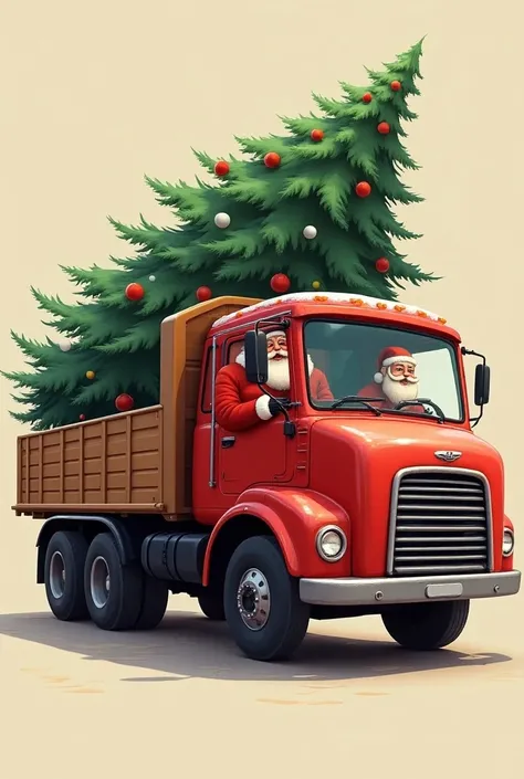  Create an image with a solid background. Let there be a red cargo truck with Santa Claus to be the driver and he is bringing the Christmas tree. Focus on the truck  