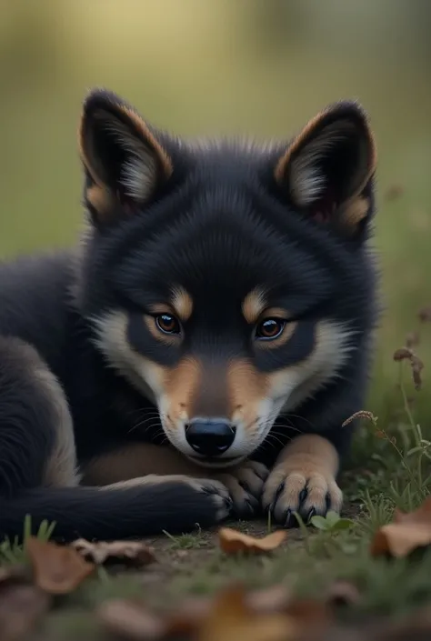 A wolf cub at rest with black and gray fur details and brown eyes