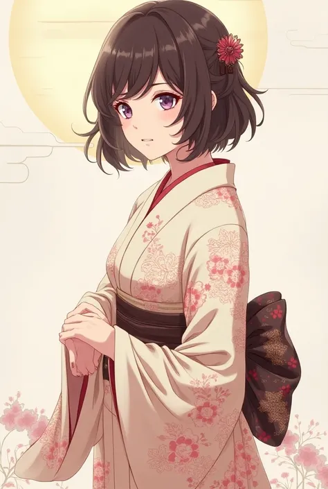 girl, Short brown hair, purple eyes, Japanese kimono, beautiful, 2D