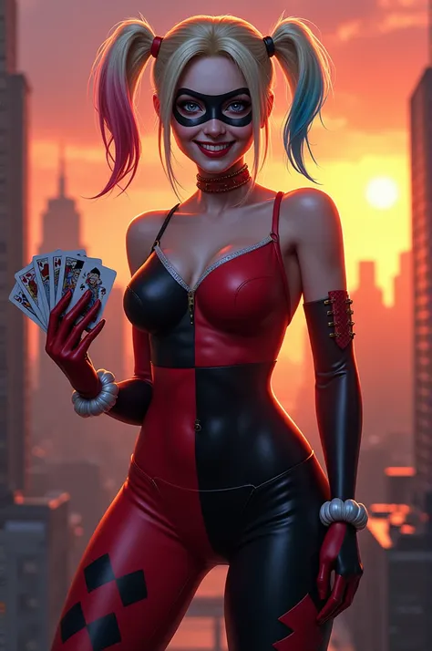 Harley Quinn is wearing her red and black outfit. She is in front of a city skyline, with the sun setting behind her. and Harley is holding her deck of cards. Both are smiling and laughing. The following phrase is written in the image: friends dont look at...