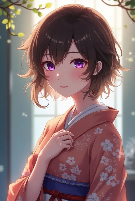 18anos, woman, Short brown hair with blonde tips, purple eyes, Japanese kimono, beautiful, 2D