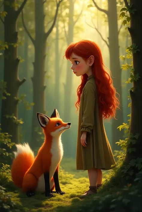 Grande fille rousse avec des taches de rousseurs avec un renard roux dans une foret