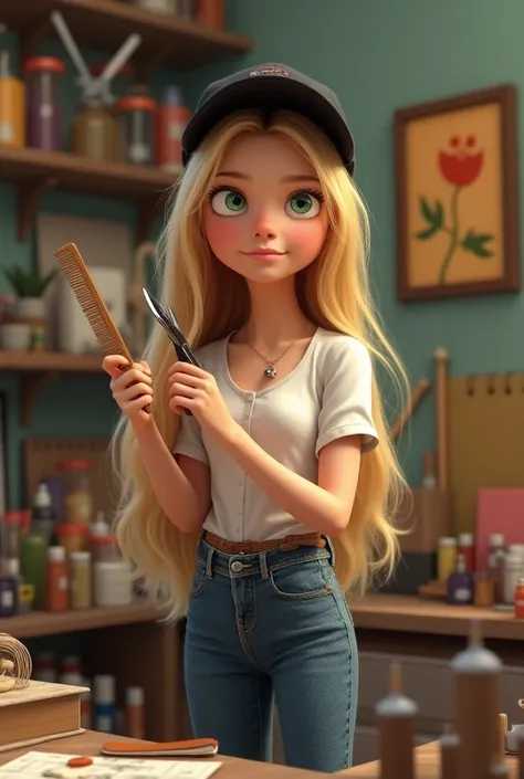 Disney pixar character, with craft work backdrop 
blonde, long, straight hair 
green eyes 
white blouse, jeans, black cap
holding a coma bottle and scissors in his hand
taking notes