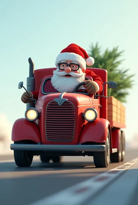  Create a realistic photo with a solid background. Let there be a red cargo truck with Santa Claus to be the driver and he is bringing the Christmas tree. Focus on the truck , Make it appear whole . a more realistic image