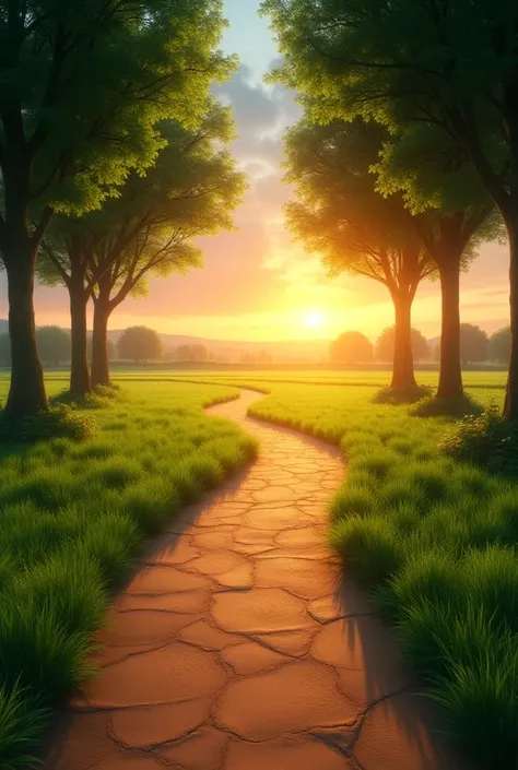 a scale straight clay walking path surrounding with green grass. Big green tree are besides both side of the path. Red Sun is rising on the horizon of the path
