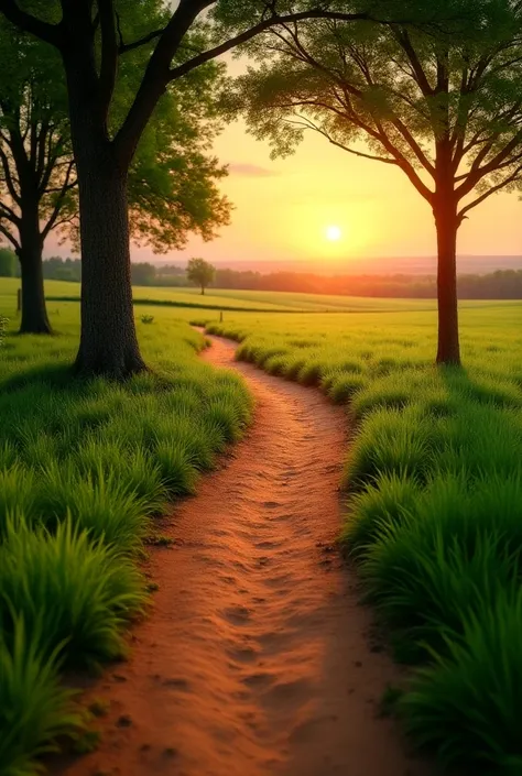 a scale straight clay walking path surrounding with green grass. Big green tree are besides both side of the path. Red Sun is rising on the horizon of the path. The photo should 4k resolution and hyper realistic 
