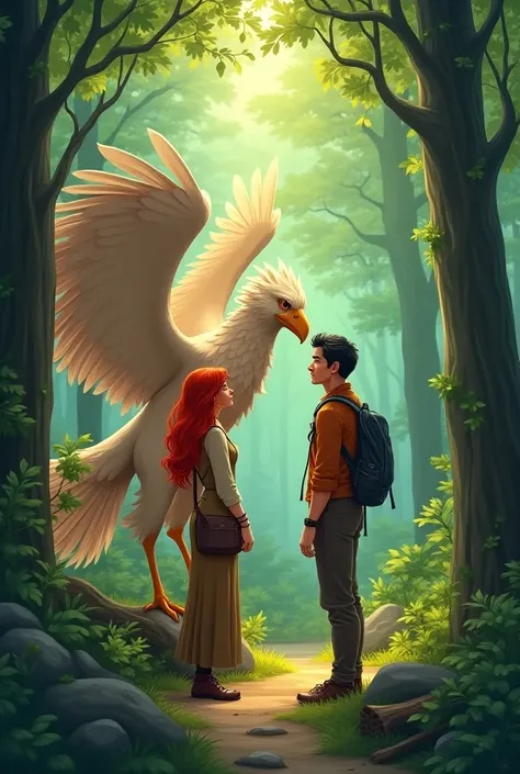 cozy atmosphere, with an adult red-haired woman and an adult black-haired man, A griffin, Type Illustration,  In a forest, green and brown are my favorite colors 