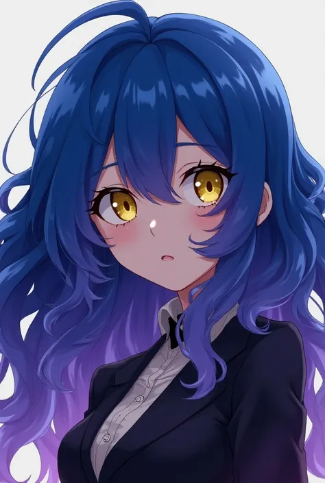 A character from the anime My Hiro Academia, a girl with blue hair with long purple and fluffy hair, yellow eyes and serious expensive skin. 