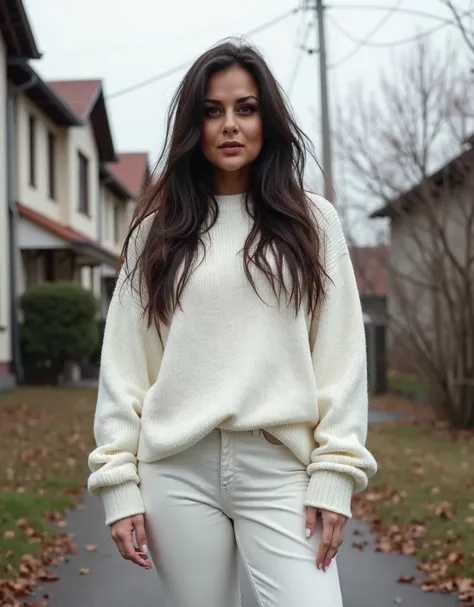 Super real photo, 38 year old ((moderately curvy figure)) short stature,  dark long hair , brunette european woman with long dark, , a woman in white pants and a white baggy sweater is standing outside among houses, white plump outfit , in a gray coat, whi...