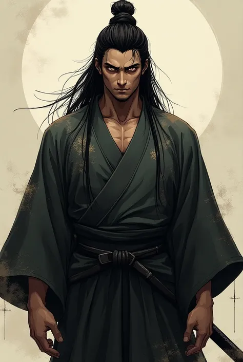 men, high, strong, Dark skin, long dark hair, honey-colored eyes, Japanese kimono, quiet, kind, Intimidating, 2D