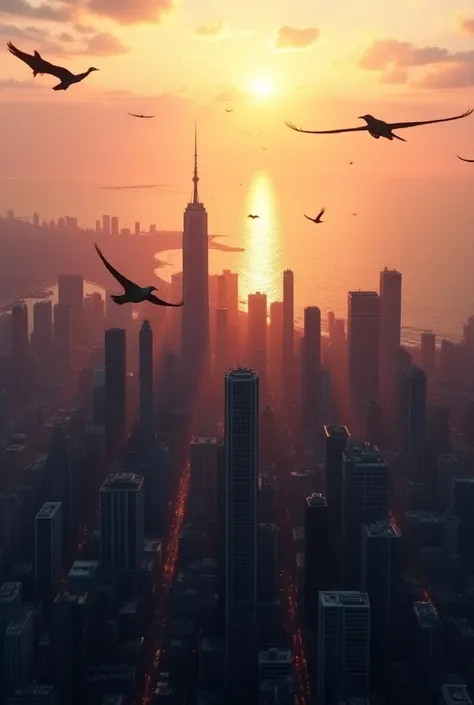 Huge city seen from above ,  with birds flying above it ,  in the glow of sunset on a late afternoon.  View of the sea reflecting sunlight 