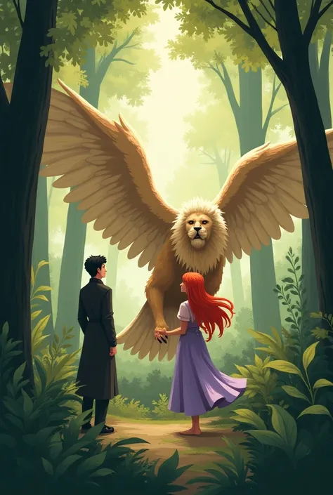 cozy atmosphere, with an adult red-haired woman in a lilac dress and an adult black-haired man in black clothes, A griffin, Type Illustration,  In a forest, green and brown are my favorite colors 