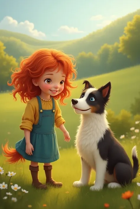 Little redheaded girl with a border collie dog who has one brown eye and one blue eye