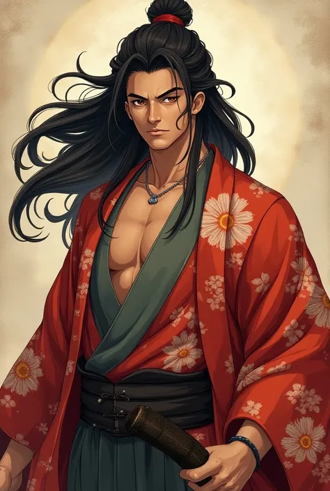 men, high, strong, Dark skin, long dark hair, honey-colored eyes, Japanese kimono, kind, 2D