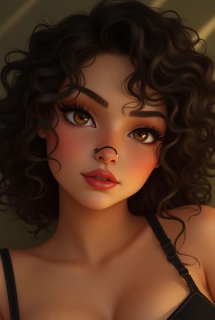 A chubby woman with dark brown curly hair and honey-colored kitten-style eyes and a nose with a black hoop piercing 