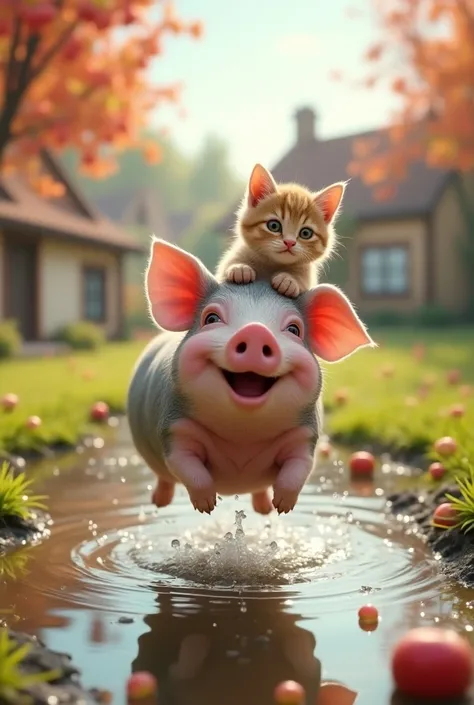 Generate a photorealistic happy little piggy jumping in a puddle with a kitten sitting on his back. Around are village houses with orchards with apple and cherry trees.