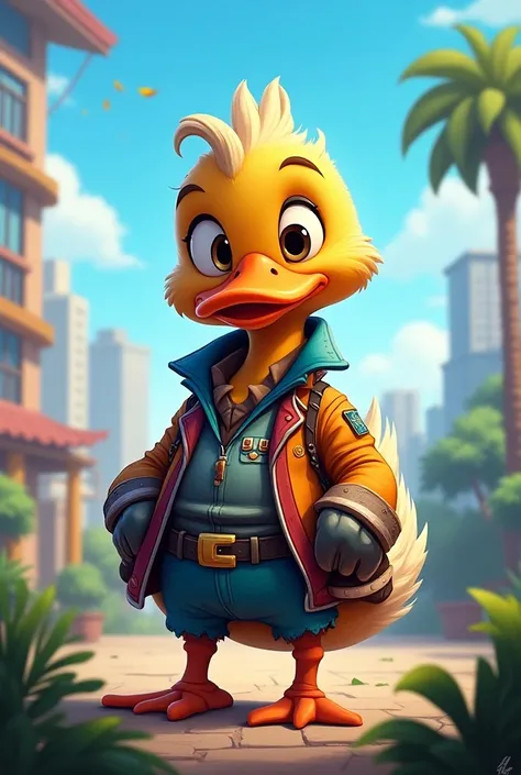 Create a picture of a duck wearing Free Fire clothes
