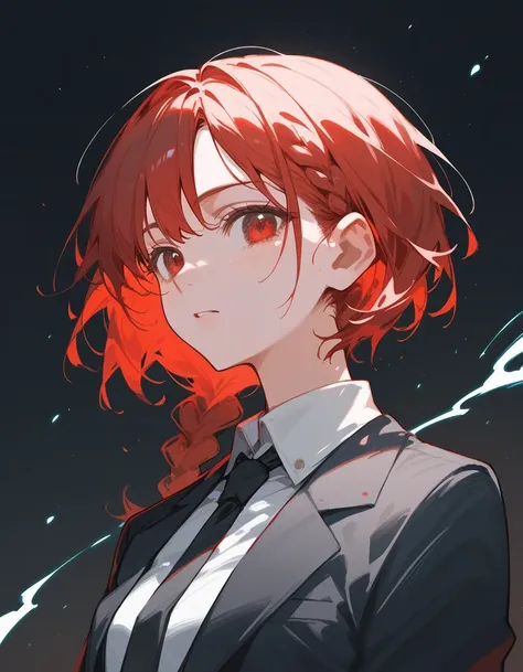 woman, Red Short Hair, in red eyes ,Short Braided Hair ,Wear a suit