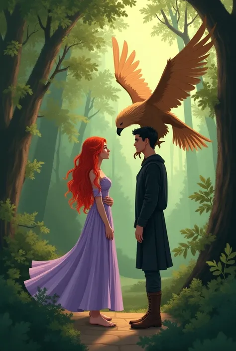 cozy atmosphere, with an adult red-haired woman in a lilac dress and an adult black-haired man in black clothes, A griffin, Type Illustration,  In a forest, green and brown are my favorite colors 