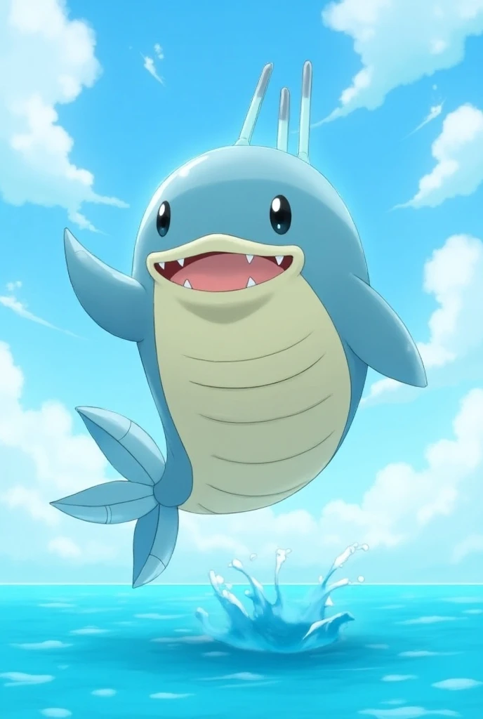 } Wailmer happily jumps out of the water and into the air ,  while splashes fly everywhere .  The background shows a sunny day at the sea with a clear blue lake .  Wailmer is a whale-like Pokémon .  Its body is spherical ,  with the upper half of the body ...