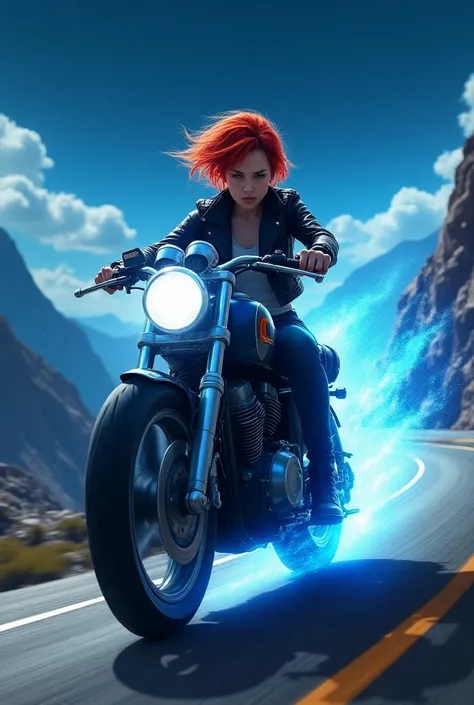 Teenage girl with short red hair styled in battle with blue aura on a motorcycle on a mountain street with a starry sky 