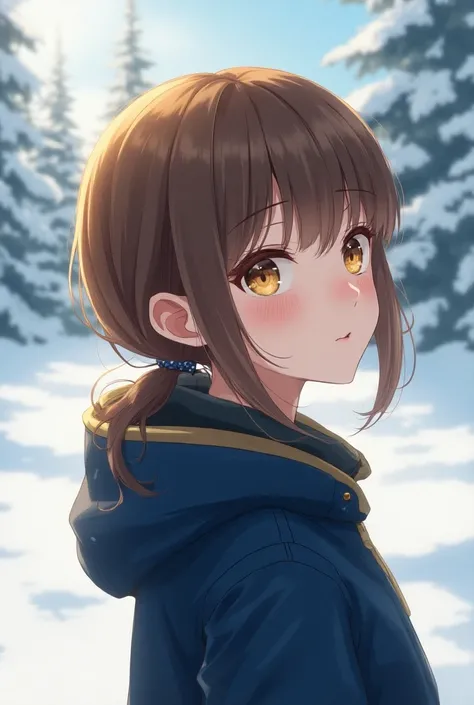 Small and thin teenager girl of , light hazel eyes almost golden, freckles, light black skin, calm thinking look, brown hair with orange or gold reflects, navy blue and golden clothes, looking at the snow,anime style