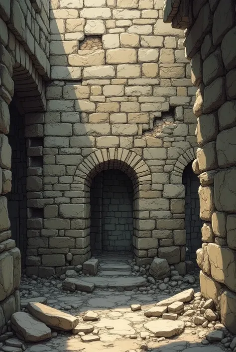 a set of stone walls with cracks and cracks on them, damaged structures, shattered wall, crumbling ruins, brickwork in ruins, smashed wall, ruins, game assets, video game assets, buildings in ruins, wall structure, cave wall, stylized in David Finch style ...