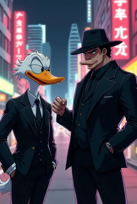 Create a picture of a stylish duck and gangster in anime style
