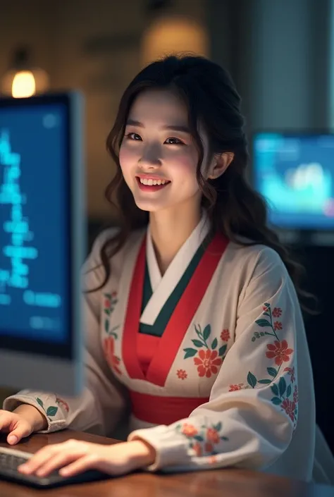 Korean beauty with wavy hair, smiling, 20 years old. Clothes Korean national costume: Hanbok. He has a oval-shaped face and is sitting on the computer looking at money. The computer screen needs to show AI and the rising trend of stocks.
