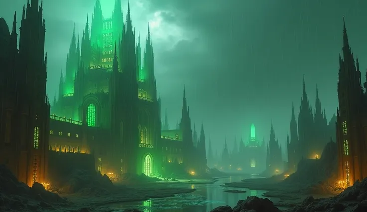  create a vision of a landscape of a kingdom with rain and sky. futuristic structure .  Gothic architecture with sand tones and green lights . 