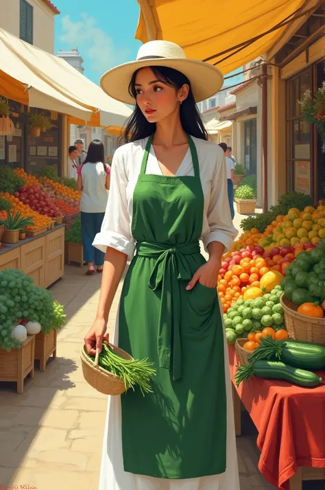 Peux tu me créer une couverture de livre montrant une femme qui achete des légumes au marché. La femme porte Une robe blanche et un tablier vert. Elle porte aussi un chapeau blanc 