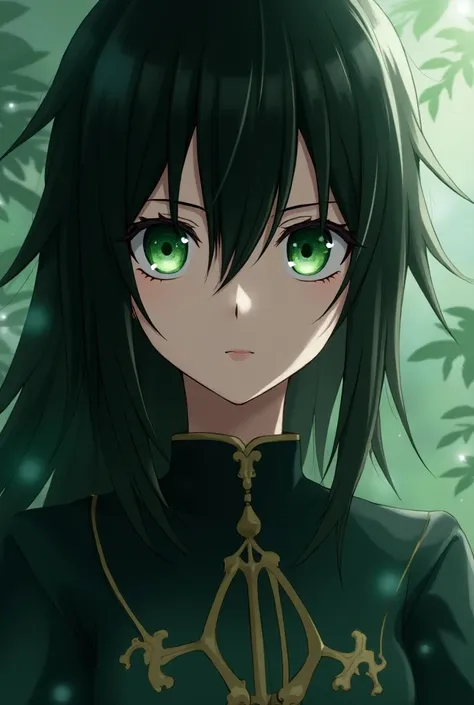 Asuna with black hair and green eyes 