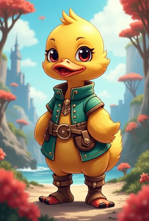 Create a picture of a duck wearing clothes from the anime-style game Fire free
