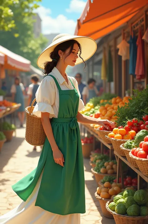 Peux tu me créer une couverture de livre montrant une femme qui achete des légumes au marché. La femme porte Une robe blanche et un tablier vert. Elle porte aussi un chapeau blanc 